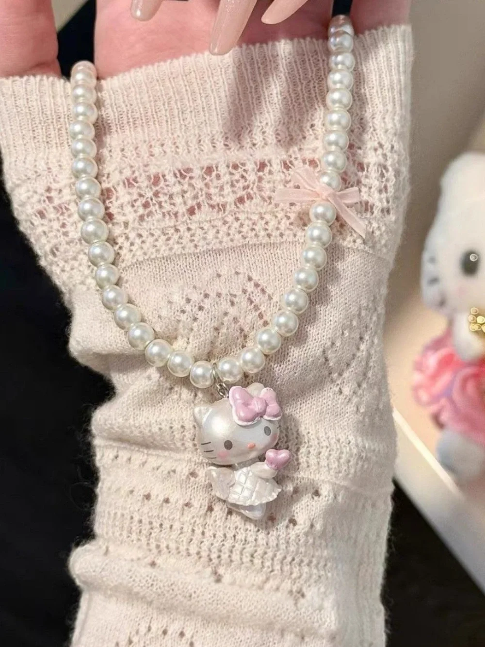 Hello Kitty Pearl Necklace with Pink Bow and White Kitty Charm